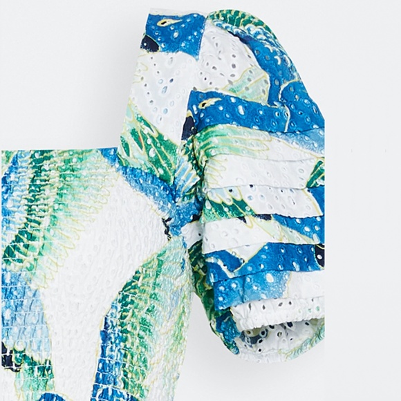 Farm Rio Araras Parrot Bird Print Eyelet Smocked Short Puff Sleeve Mini Dress - Picture 4 of 8